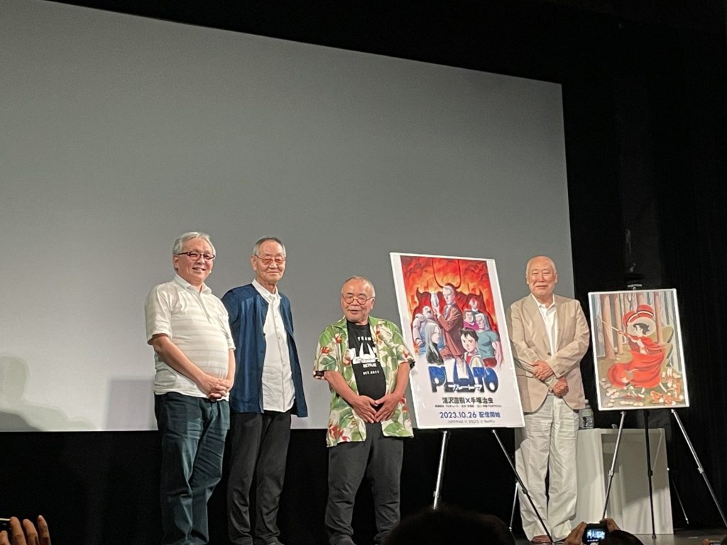 原口正宏先生（データ原口）、杉井ギサブロー監督、丸山正雄プロデューサー、高橋良輔監督が並んでいる画像。
